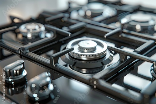 detailed color picture of gas stove top with removable grates off for cleaning