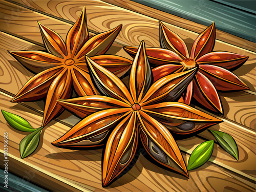 vector of Isolated star anise on wooden table