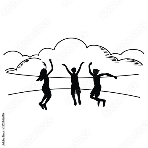 Silhouette of energetic teens jumping with joy on a sunny day with clouds