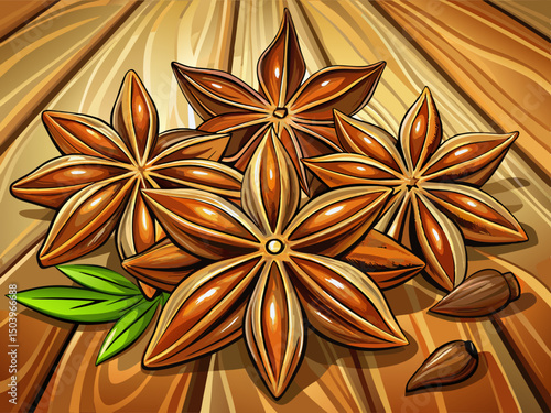 vector of Isolated star anise on wooden table