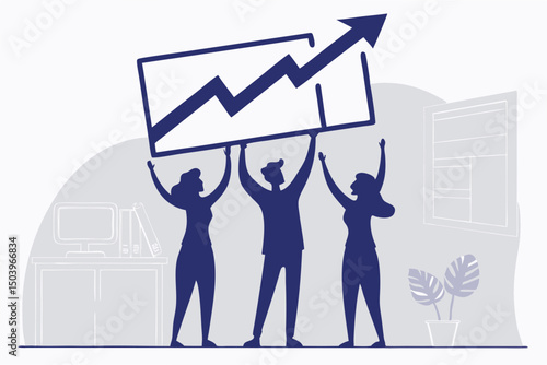 Team celebrating success holding upward trending chart in modern office