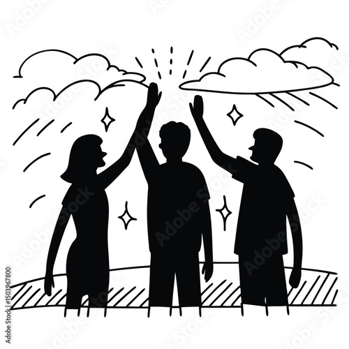 Teamwork success doodle illustration people giving high five celebrating accomplishment