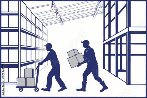 Workers loading packages in warehouse outline illustration delivery services and logistics