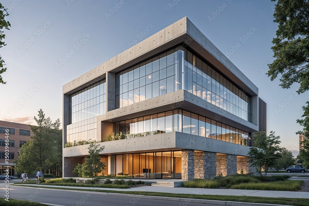 Obraz premium Contemporary Urban Corporate Building Design Integrating Concrete Stone and Glass Elements