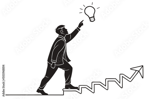 Businessman climbing arrow stairs towards idea bulb black and white illustration