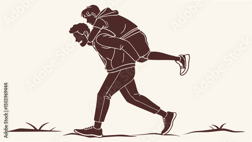 Father giving son piggyback ride outdoors joyful bonding moment silhouette style illustration