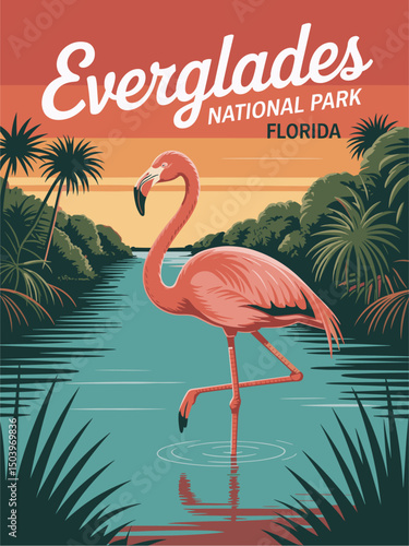 Everglades National Park, Florida, USA travel poster in retro style. Colorful flat vector art illustration