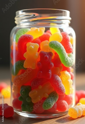 colorful gummy candies transparent glass jar delicious sweet treats vibrant colors assorted shapes candy jar delight, rainbow, lgbtq, lgbt, pride, love