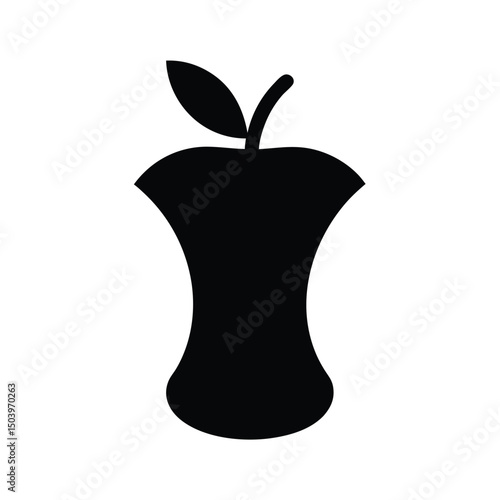 Black Apple Core Silhouette with Leaf on a White Background Symbol