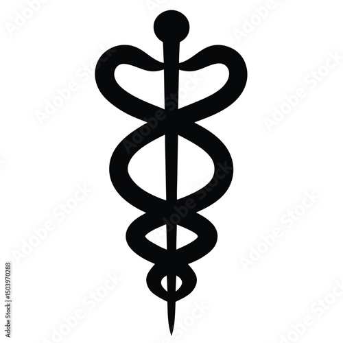 Black Caduceus Medical Symbol Illustration on White Background Representing Healthcare Profession