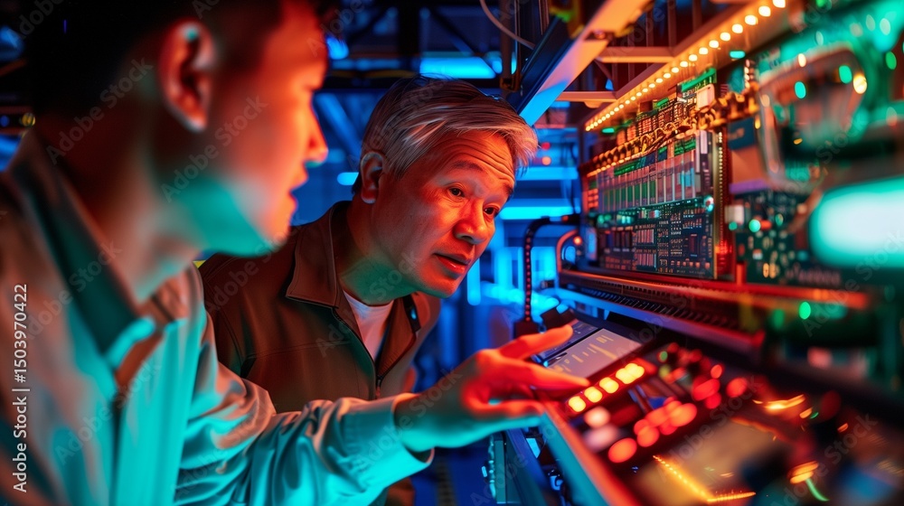 Obraz premium side profile shot of an industrial engineer and a supervisor engaged in a technical discussion over an ongoing motherboard assembly process 