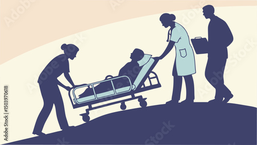 Medical team transports patient on gurney illustration healthcare professionals silhouette style