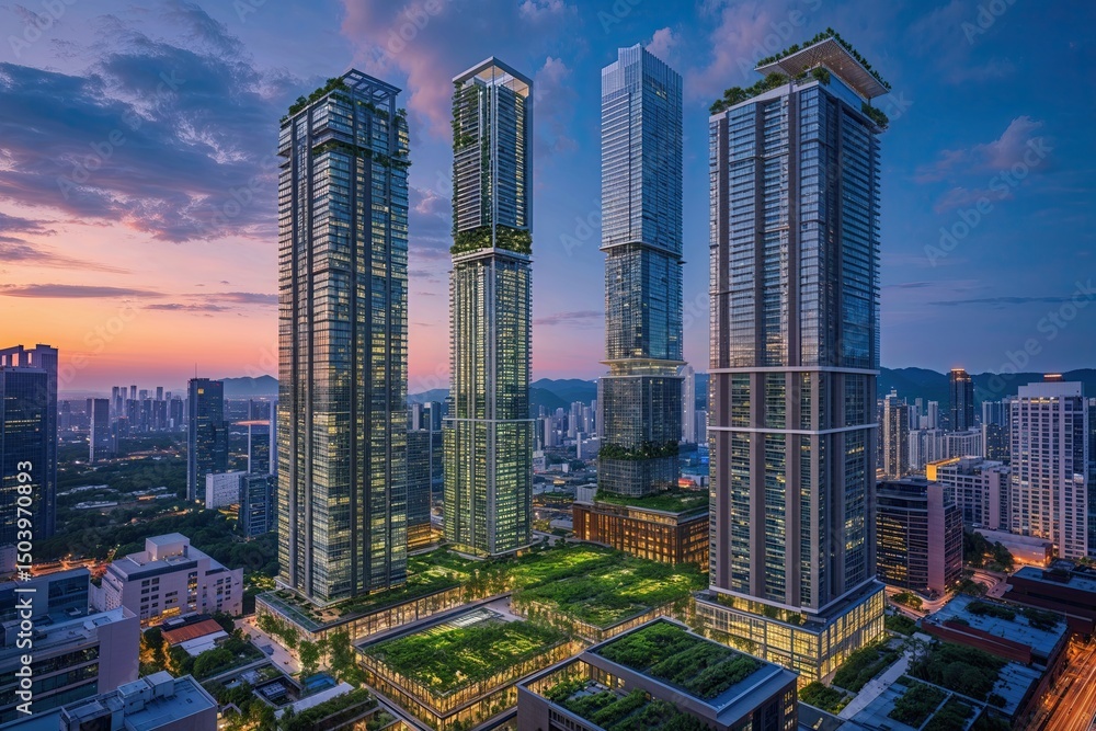 Obraz premium Eco-Friendly Urban Skyscrapers at Twilight Featuring Rooftop Greenscapes and Vibrant Architecture