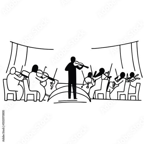 Orchestra performance with conductor and musicians playing violins in black and white