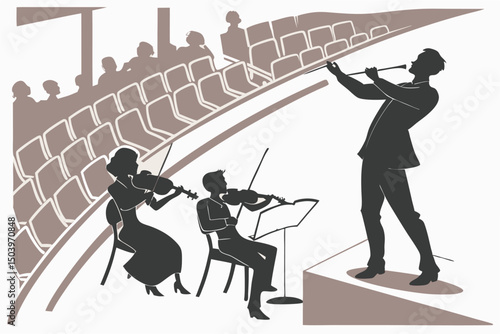 Orchestra performing live on stage with conductor two violinists and audience