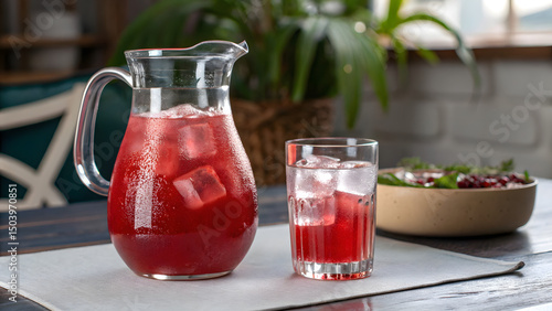 Wallpaper Mural Refreshing Ruby Elixir: A vibrant glass pitcher and tumbler filled with a tantalizing, ruby-red beverage, brimming with ice cubes, ready to quench thirst and tantalize taste buds. Torontodigital.ca