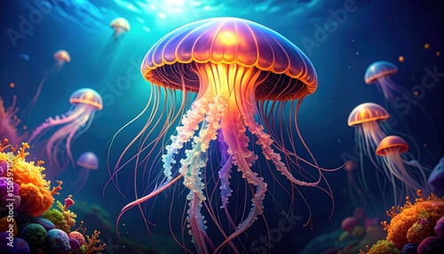 A vibrant jellyfish gracefully swims through the deep ocean waters below.