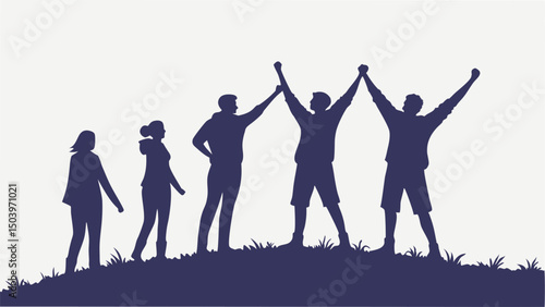 Silhouette group of people celebrating success on hilltop with arms raised