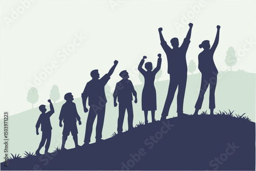 Team success silhouette people celebrate achievement on hilltop illustration
