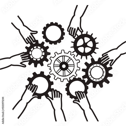 Teamwork collaboration concept depicting hands arranging gears vector illustration