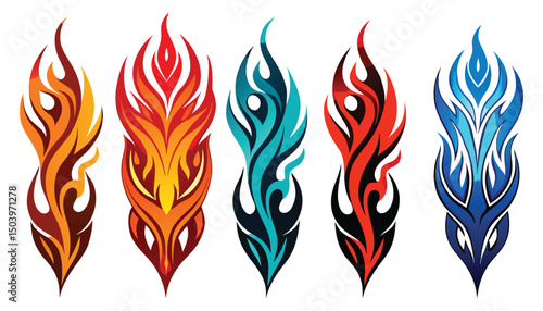Five stylized flame designs showcasing various color palettes, from earthy brown and vibrant red to cool teal and deep blue hues, perfect for graphic design elements, tattoo inspiration, and symbolic 