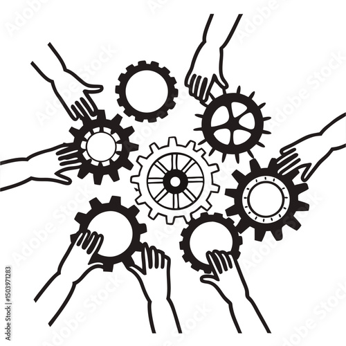 Teamwork concept illustration with hands holding gears in unity