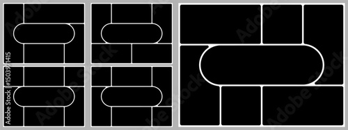 Brutalist background bento box grid. Photo post template layout. Presentation slide moodboard design. Brochure collage rectangular style gallery. Round shape modular mosaic hierarchy. Comic poster y2k