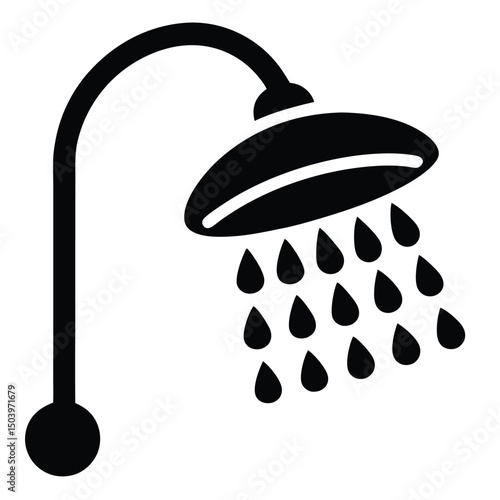 Black Silhouette of a Running Shower Head with Droplets on a White Background