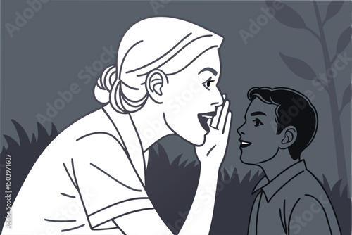 Woman whispering secret to boy in vintage style illustration art