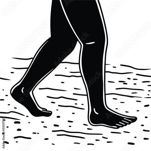 Barefoot walking on sand black and white vector illustration minimalist design