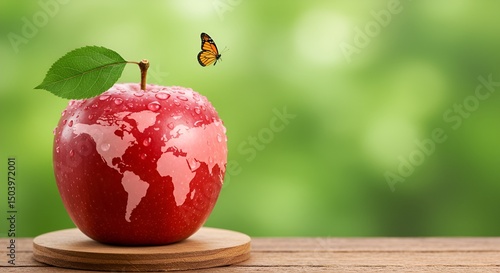 Apple with World Map and Butterfly on Wooden Surface