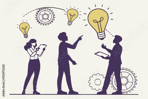 Brainstorming creative team business concept generating innovative ideas together with gears and lightbulbs