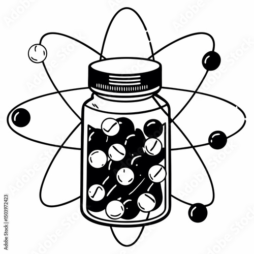 Vitamins bottle with nutrients orbiting like planetary system