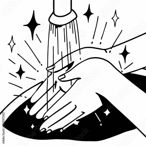 Clean hands under faucet with droplets and sparkle lines