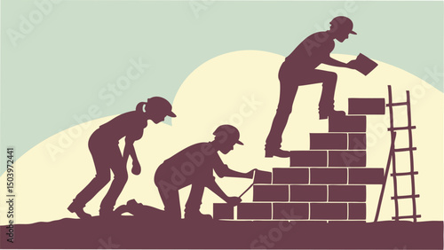 Bricklayers constructing wall structure with ladder teamwork construction workers building site silhouette