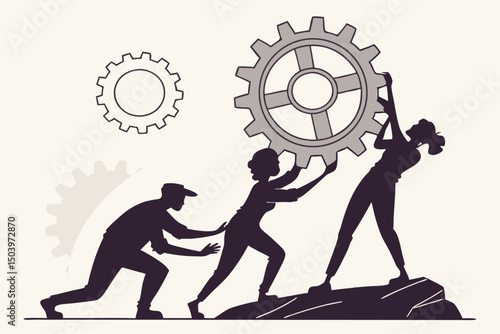 Business teamwork illustration of people working together to lift a gear upward
