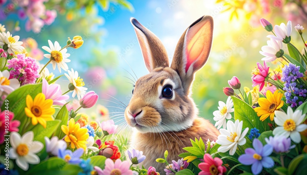 A brown rabbit sits among vibrant sp flowers under bright sunshine. A brown rabbit sits among vibrant sp flowers under bright sunshine.
