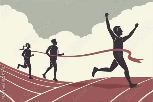 Marathon runner crossing finish line with competitors flat vector illustration