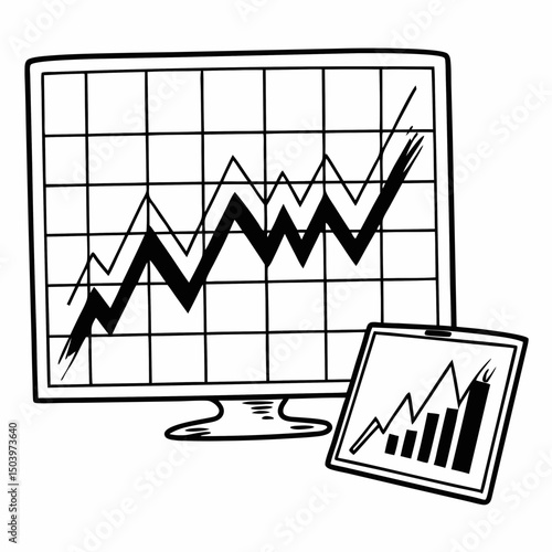 Stock market icon with fluctuating line and graph base