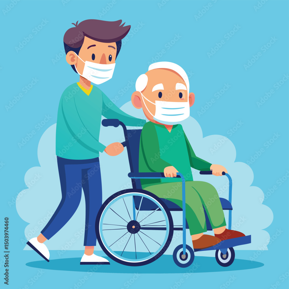 Person assisting elderly man in wheelchair wearing face masks during the pandemic. Person assisting elderly man in wheelchair wearing face masks during the pandemic.