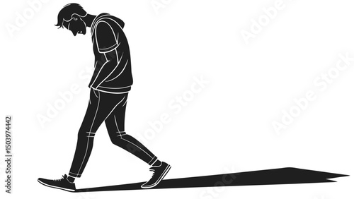 Silhouette illustration of young man walking with head downwards in depression mood