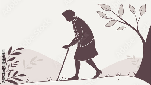 Silhouette of elderly woman walking with cane in nature vector illustration