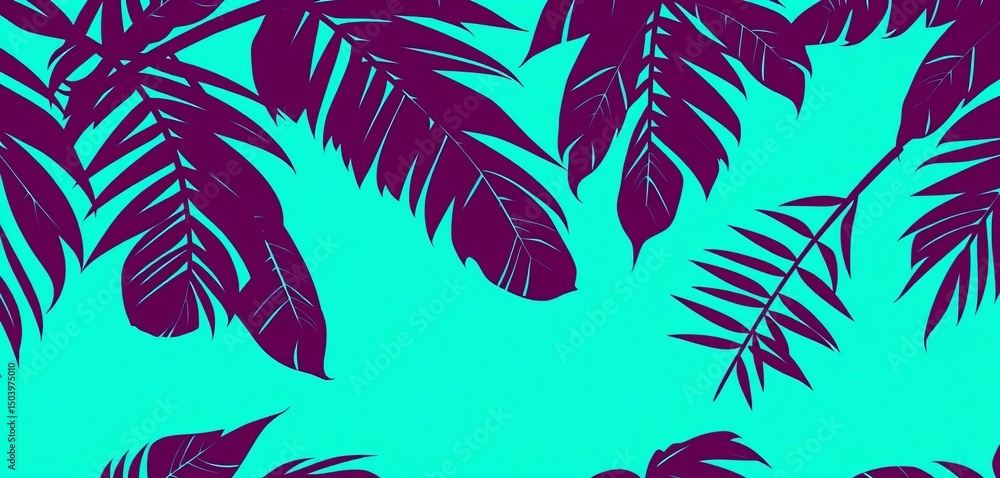 Fototapeta premium Linear silhouette banana palm leaves on turquoise background Seamless vector tropical pattern, plants, banana palm