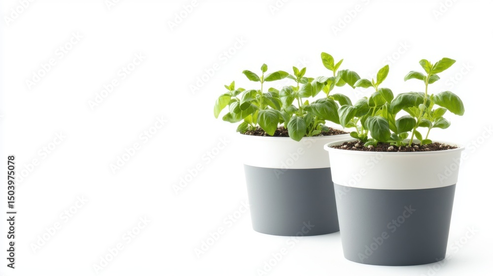 Two Potted Basil Plants with Gray and White Containers Two Potted Basil Plants with Gray and White Containers