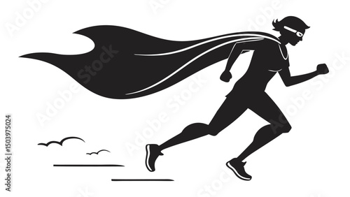 Silhouette of super hero woman running with cape and mask in black