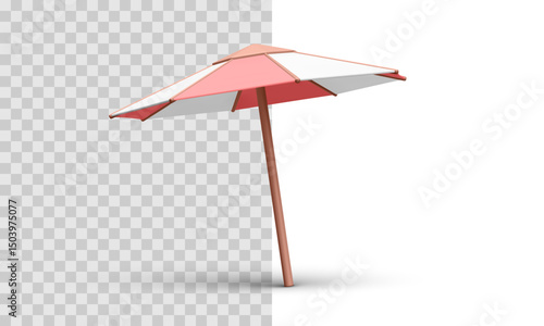 Beach Umbrella With Red and White Stripes, Minimal 3D Style. Great for Summer, Vacation, Resort, and Travel Concepts. Clean and Playful Visual for Seasonal Projects. Vector Illustration.