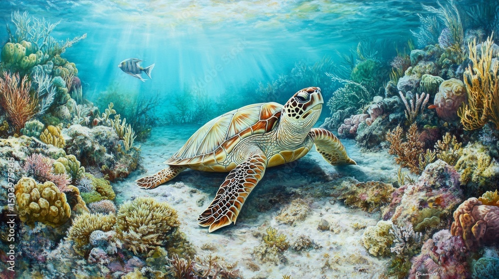 Obraz premium A peaceful image of a sea turtle resting on a rocky seabed, with soft corals and colorful sponges surrounding it, showcasing the beauty of marine habitats.