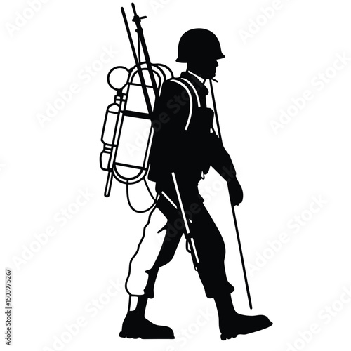 Soldier silhouette carrying equipment walking forward vector illustration design
