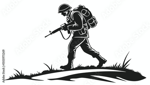 Silhouette illustration of a soldier walking with a rifle and backpack