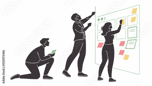 Teamwork collaboration illustration people brainstorming and planning using sticky notes on a kanban board